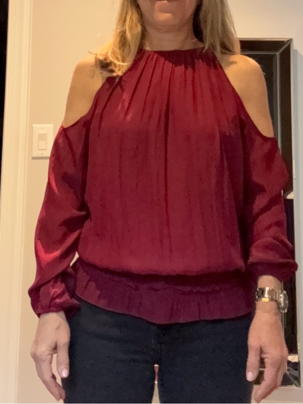 Ramy Brooke Cold-Shoulder Smocked Waist Blouse - Burgundy